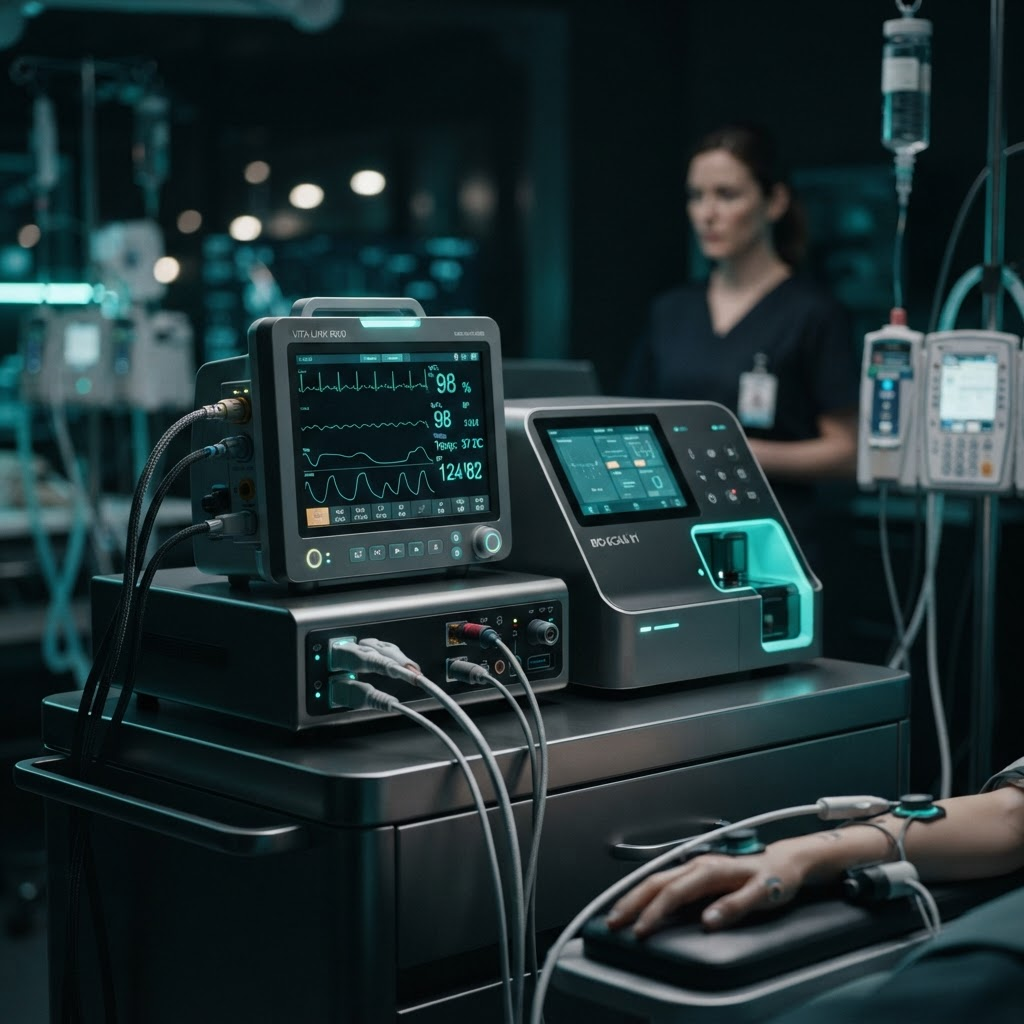Futuristic biomedical monitoring equipment with teal accent lighting